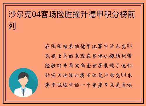 沙尔克04客场险胜擢升德甲积分榜前列